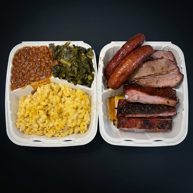 3 Meat Dinner: Tri-Tip, Ribs & Hot Links Meat Combo.
