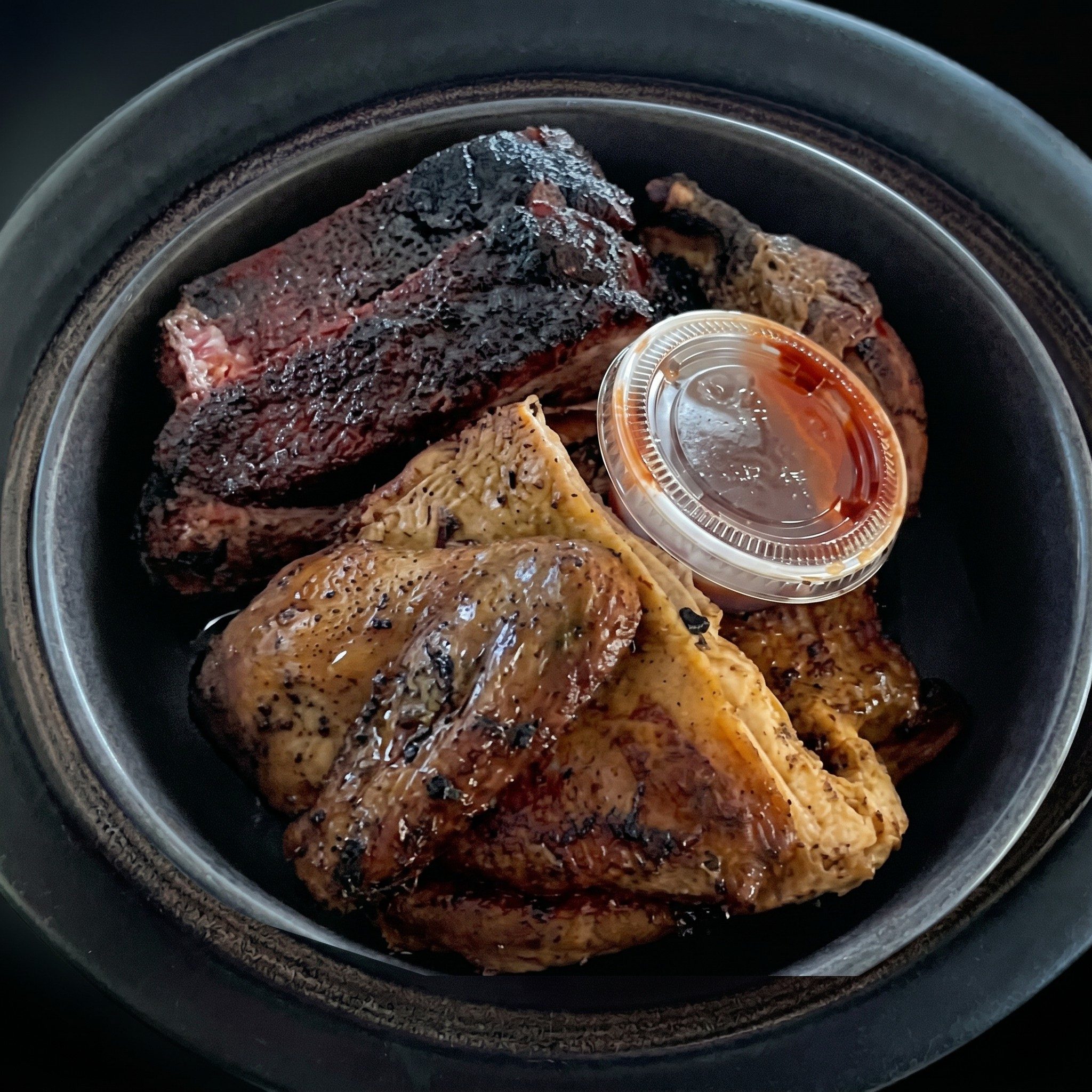 3 Meat Dinner: Ribs, Chicken & Hot Links Meat.